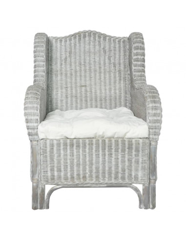 Poltrona con Cuscino Grigio in Rattan Naturale e Lino