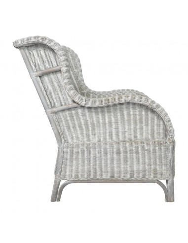 Poltrona con Cuscino Grigio in Rattan Naturale e Lino