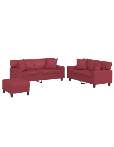 Set di Divani 3 pz con Cuscini Rosso Vino in Similpelle