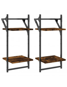 Mensole a Parete con Aste 2pz Rovere Fumo 30x25x65 cm 2