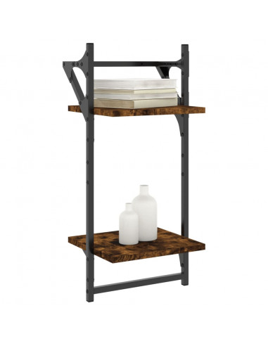Mensole a Parete con Aste 2pz Rovere Fumo 30x25x65 cm