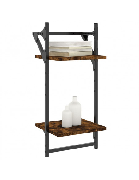 Mensole a Parete con Aste 2pz Rovere Fumo 30x25x65 cm