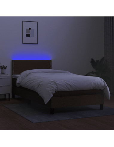 Letto a Molle Materasso e LED Marrone Scuro 90x190cm in Tessuto