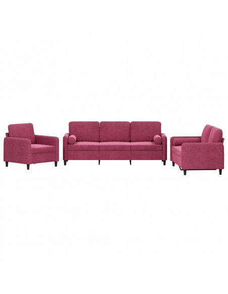 Set di Divani 3 pz con Cuscini Rosso Vino in Velluto