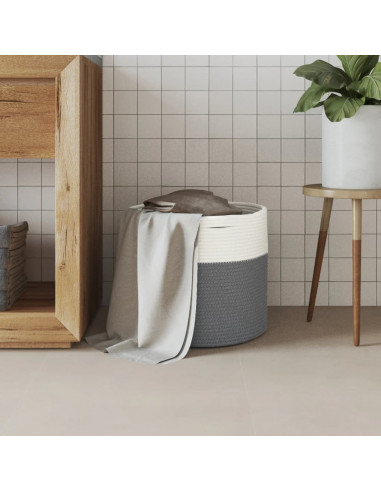 Cestino Portaoggetti Grigio e Bianco Ø40x35 cm in Cotone