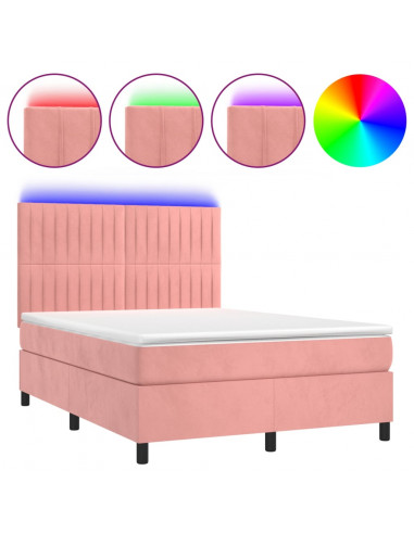 Letto a Molle con Materasso e LED Rosa 140x200 cm in Velluto