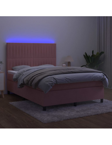 Letto a Molle con Materasso e LED Rosa 140x200 cm in Velluto
