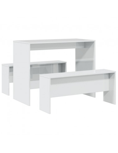 Set Tavolo da Pranzo e Panche 3 pz Bianco Lucido in Truciolato