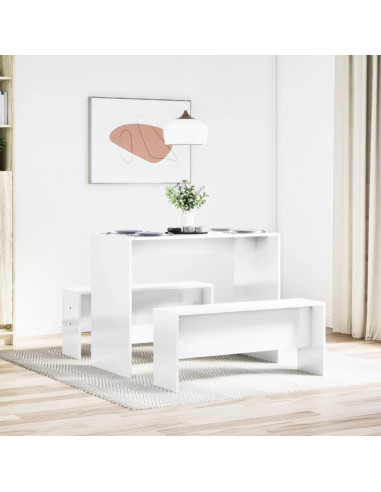 Set Tavolo da Pranzo e Panche 3 pz Bianco Lucido in Truciolato