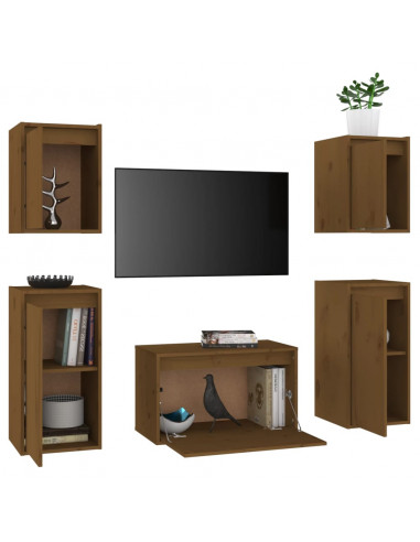 Mobili Porta TV 5 pz Miele in Legno Massello di Pino