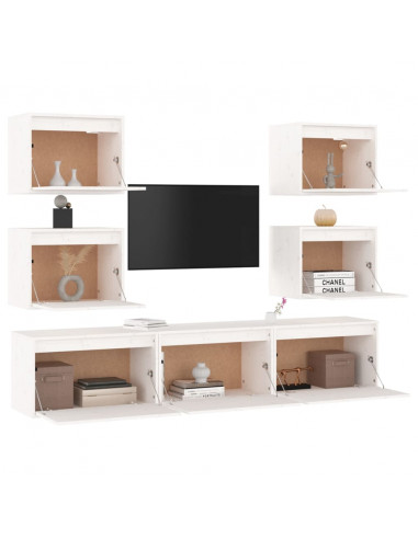 Mobili Porta TV 7 pz Bianchi in Legno Massello di Pino