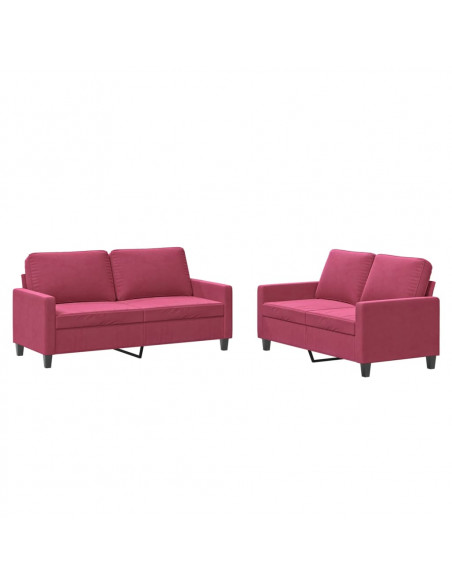 Set di Divani 2 pz con Cuscini Rosso Vino in Velluto