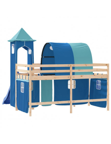 Letto a Soppalco con Torre Bambini Blu 80x200cm Massello Pino