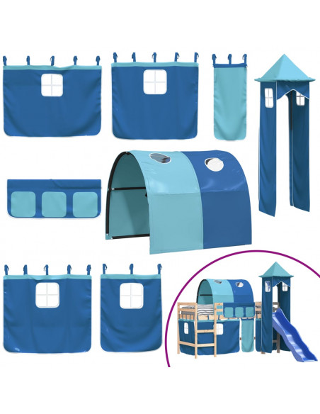 Letto a Soppalco con Torre Bambini Blu 80x200cm Massello Pino