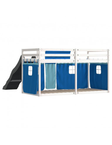 Letto a Castello con Scivolo e Tende Blu 90x190 cm
