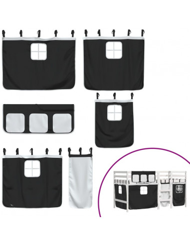 Letto a Soppalco Bambini con Tende Bianco e Nero 90x190 cm Pino