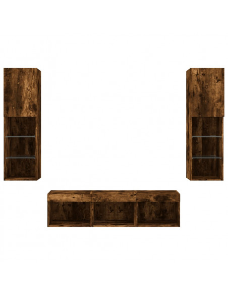 Mobili TV a Muro con LED 5pz Rovere Fumo in Legno Multistrato
