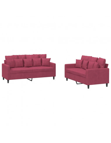 Set di Divani 2 pz con Cuscini Rosso Vino in Velluto