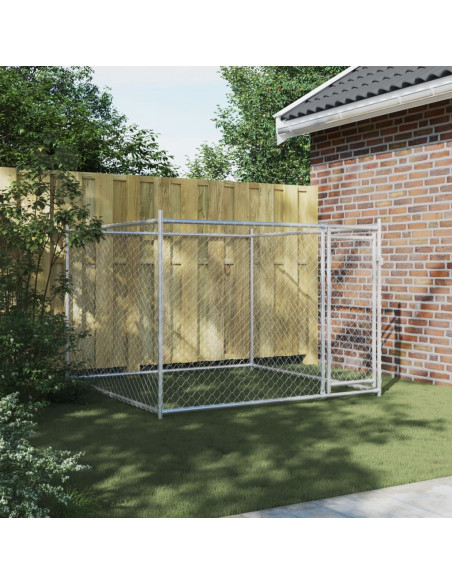 Gabbia per Cani con Porta Grigia 2x2x1,5 m in Acciaio Zincato