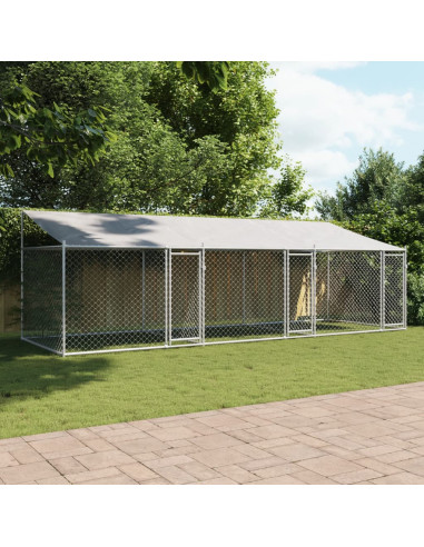 Gabbia Cani con Tetto e Porte Grigia 6x2x2 m in Acciaio Zincato