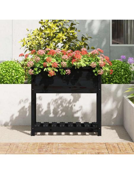 Fioriera con Mensola Nera 82,5x34,5x81cm Legno Massello di Pino