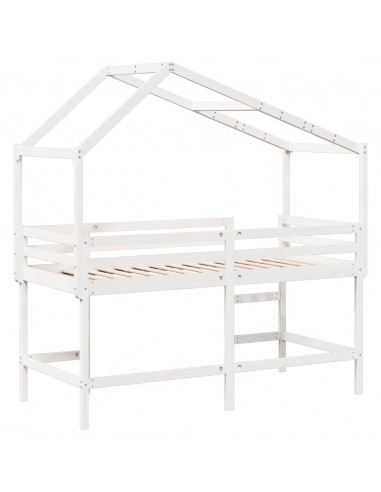 Letto Soppalco con Scala e Tetto Bianco 90x200 cm Massello Pino