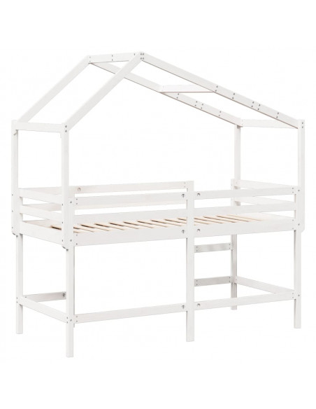 Letto Soppalco con Scala e Tetto Bianco 90x200 cm Massello Pino