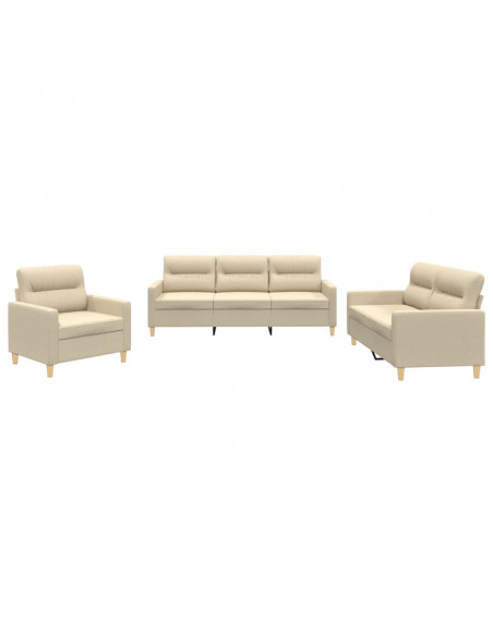 Set di Divani 3 pz con Cuscini Crema in Tessuto
