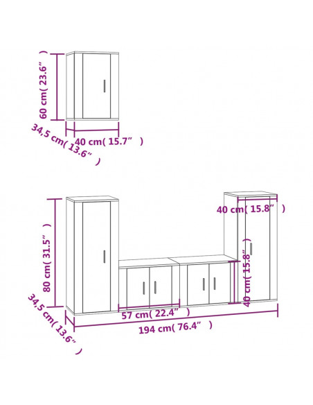 Set di Mobili Porta TV 5 pz Grigio Sonoma in Legno Multistrato