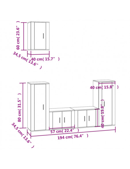 Set Mobili Porta TV 5 pz Rovere Marrone in Legno Multistrato
