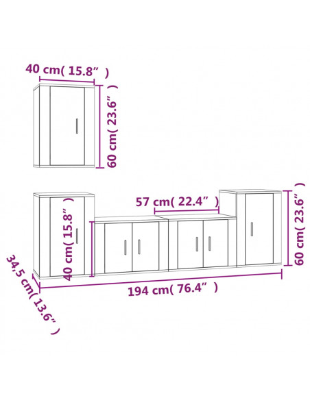 Set Mobili Porta TV 5 pz Rovere Marrone in Legno Multistrato