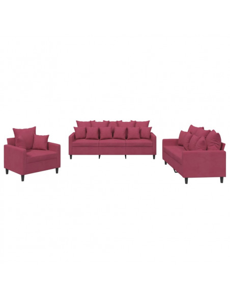 Set di Divani 3 pz con Cuscini Rosso Vino in Velluto