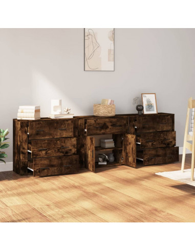 Credenze 3 pz Rovere Fumo in Legno Multistrato