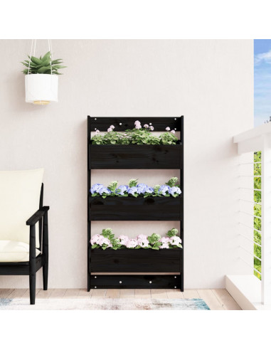 Fioriera a Muro 3Ripiani Nera 60x18,5x110cm Legno Massello Pino