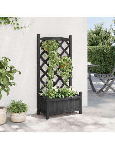 Fioriera con Traliccio Nera in Legno Massello di Abete