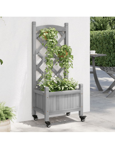 Fioriera con Traliccio e Ruote Grigia Legno Massello di Abete