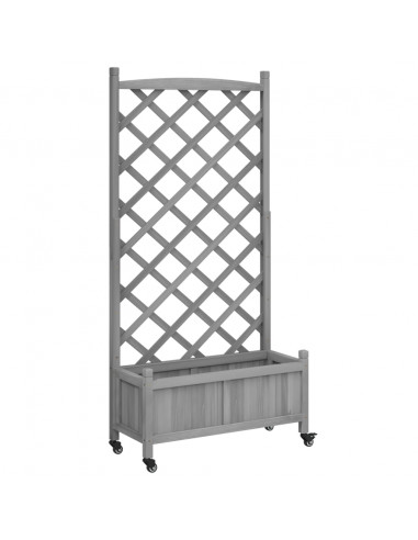 Fioriera con Traliccio e Ruote Grigia Legno Massello di Abete