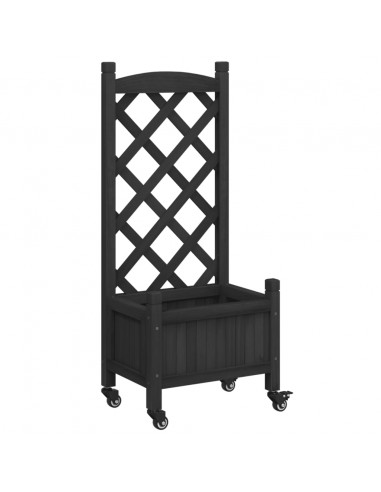 Fioriera con Traliccio e Ruote Nera in Legno Massello di Abete