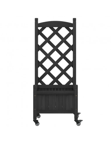 Fioriera con Traliccio e Ruote Nera in Legno Massello di Abete