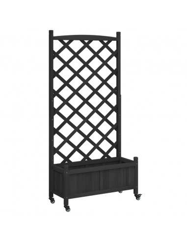 Fioriera con Traliccio e Ruote Nera in Legno Massello di Abete