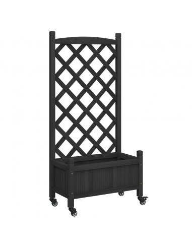 Fioriera con Traliccio e Ruote Nera in Legno Massello di Abete