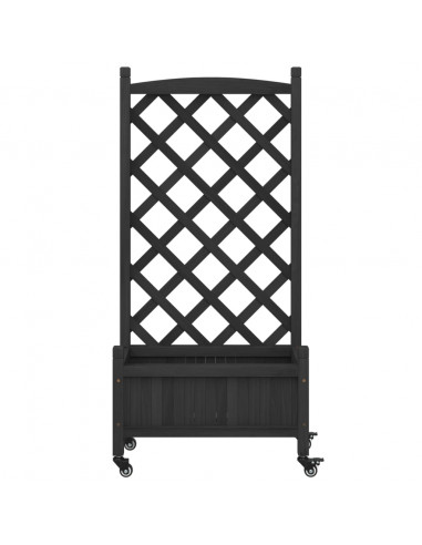 Fioriera con Traliccio e Ruote Nera in Legno Massello di Abete