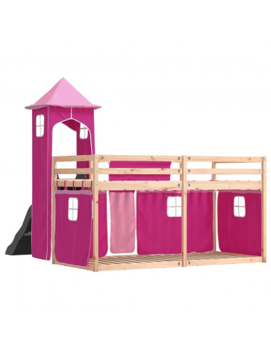 Letto a Castello con Scivolo e Tende Rosa 90x200 cm
