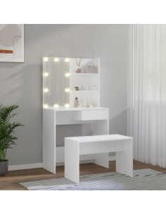 Set Tavolo da Toeletta Bianco con LED in Legno Multistrato