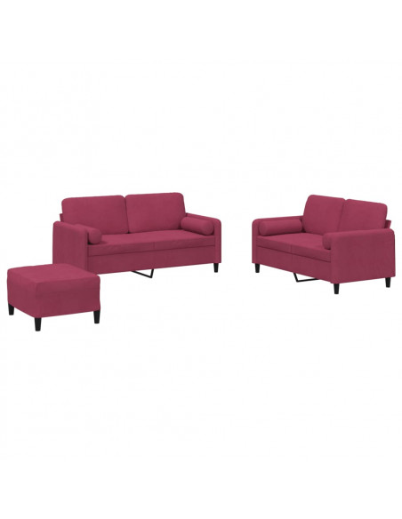 Set di Divani 3 pz con Cuscini Rosso Vino in Velluto