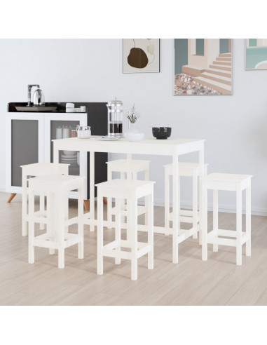 Set da Bar 7 pz Bianco in Legno Massello di Pino