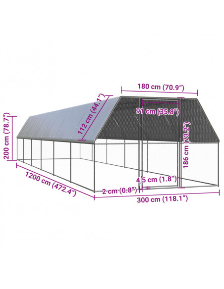 Gabbia per Polli da Esterno 3x12x2 m in Acciaio Zincato