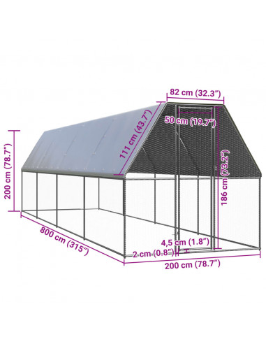 Gabbia per Polli da Esterno 2x8x2 m in Acciaio Zincato