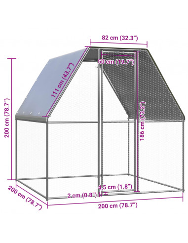 Gabbia per Polli Argento e Grigio 2x2x2 m in Acciaio Zincato