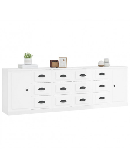 Credenze 3 pz Bianco Lucido in Legno Multistrato